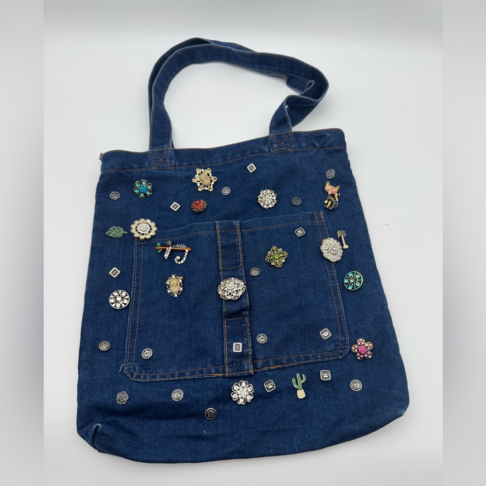 Embellished Denim Tote Bag Hand made with brooch’s‎